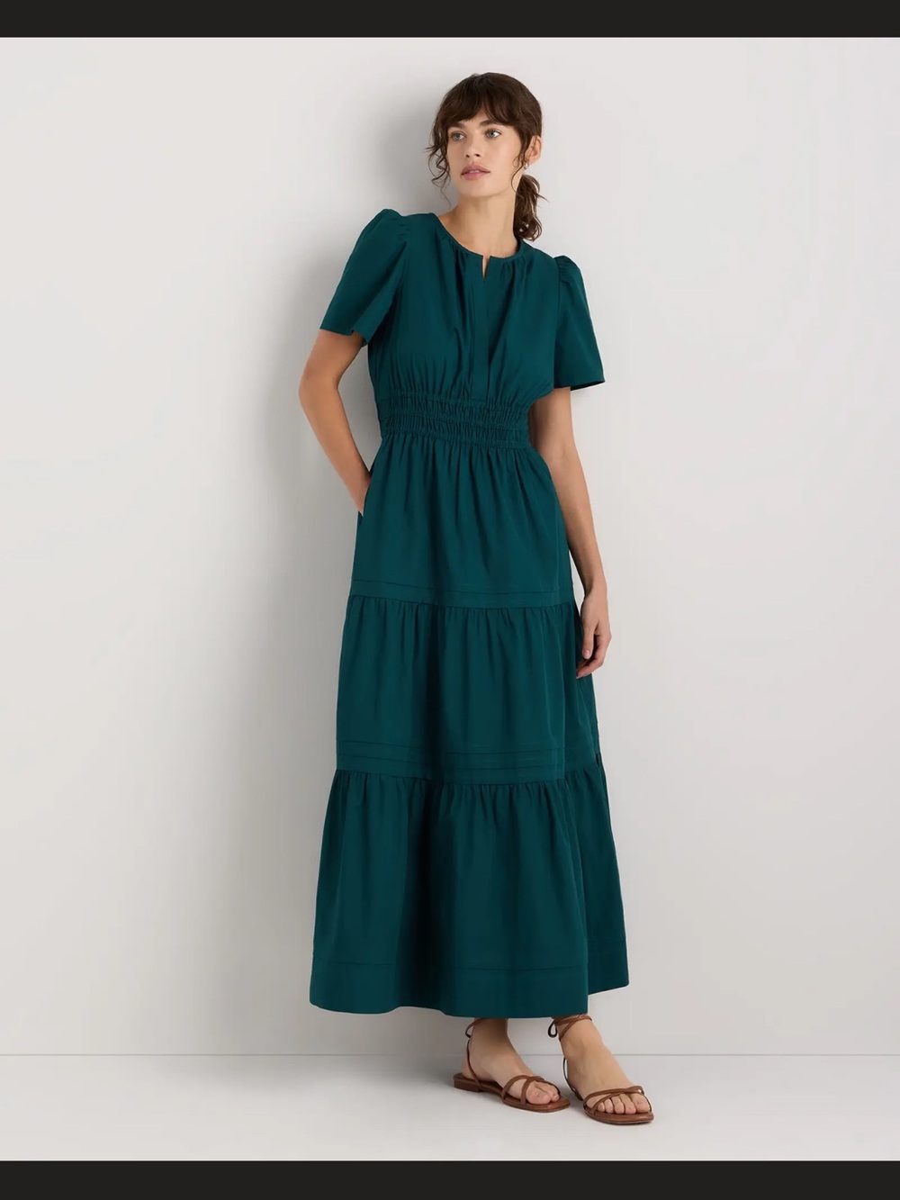 Women's 100% Organic Cotton Poplin Tiered Maxi Dress -Small in Ocean Green